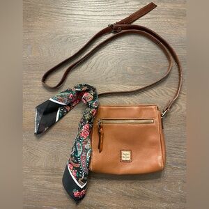 Dooney & Bourke Tan Leather Crossbody with Floral Scarf Accent